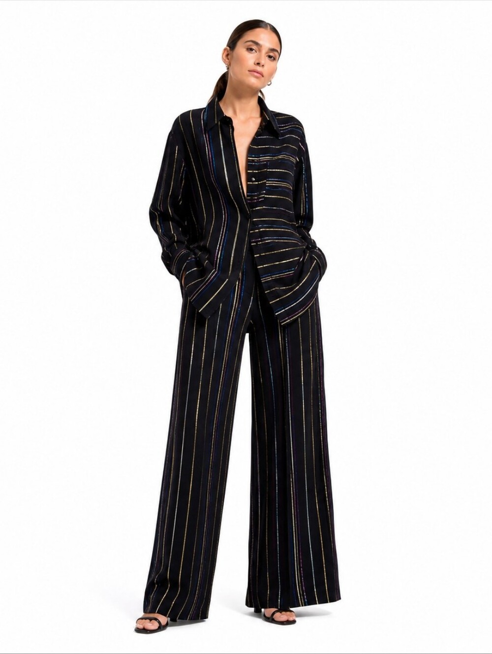 FARM Rio Metallic Stripe Co Ord Set Wide Leg Pants Shirt Resort NWT L